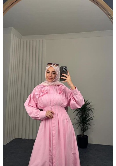 Neşeli Butik Kadın Pembe Belden Oturtmalı Çiçek Detaylı Premium Tesettür Elbise Nbvq4933