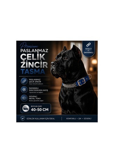 Köpek Zincir Boyun Tasması Paslanmaz Çelik Mavi Dokuma Kayış 40-50 Cm Ayarlanabilir