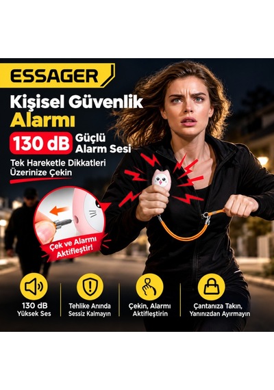 Essager 130 Db Kişisel Güvenlik Alarmı Led Fenerli, Çekmeli Acil Durum Alarmı, 450mah Şarjlı Taşınabilir Anahtarlık