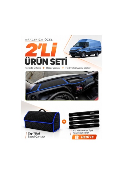 E-biz Iveco Daıly 2015-2021 Uyumlu Torpido Örtüsü + Tay Tüyü Bagaj Çantası - Siyah-mavi - Iv002