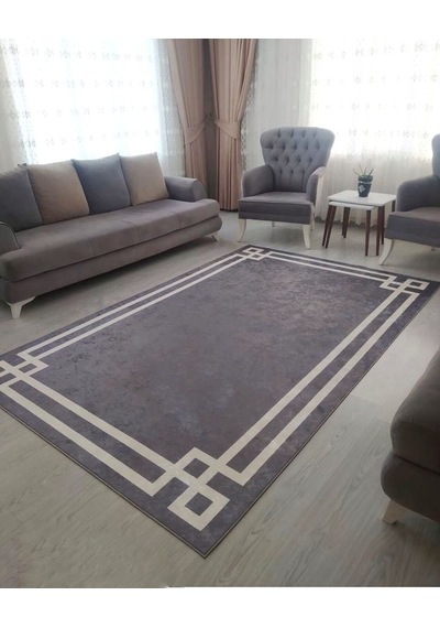 STY Home Vogue Yıkanabilir Kaymaz Tabanlı Halı Yolluk Makinede Gri Beyaz