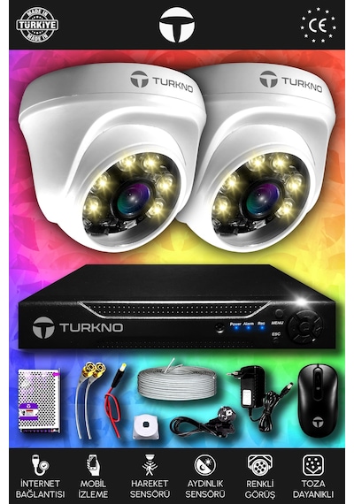 Turkno 2 Kameralı Domie 2 İç Kamera Set 500 GB HDD Full HD Renkli Gece Görüşlü Güvenlik Kamerası Sistemi