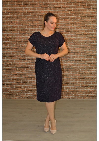 Nidya Moda Büyük Beden Kadın Mürdüm Simli Abiye Elbise-4035AM Mürdüm