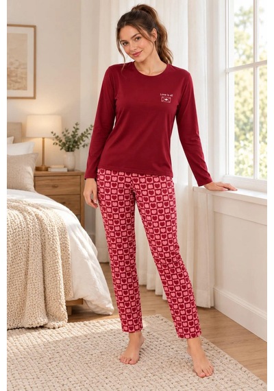 Gd Goldoremi Kadın Kalp Desenli Likralı Termal Kumaş Bordo Uzun Kollu Pijama Takımı