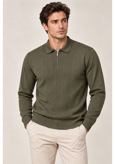 Erkek Polo Yaka Yarım Fermuarlı Önü Fitilli Slim Fit Akrilik Pamuk Triko Kazak Haki