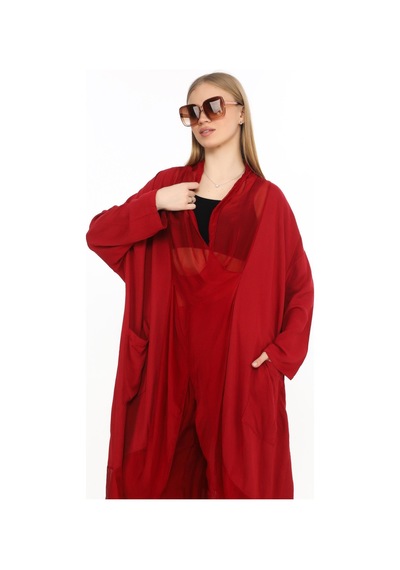 Bohem Stil Italyan Ipek Detaylı Oversize Kap Bluz- Wes Pantolon Takım-8863 Bordo