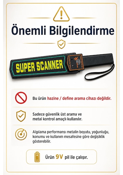 Md-3003b1 El Tipi Metal Dedektörü Üst Arama Güvenlik Cihazı 9v Pil Dahil