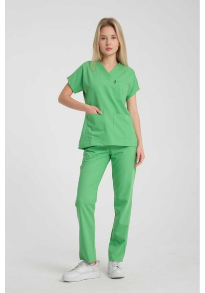 Üniforma V Yaka Fıstık Yeşil Likralı Unisex Doktor Hemşire Takım Scrubs Fıstık Yeşil