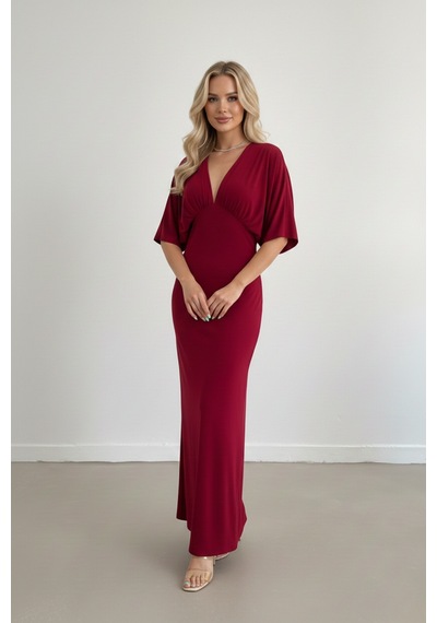 Defymoda Kadın Uzun Yırtmaçlı Modern Kesim Elbise Bordo