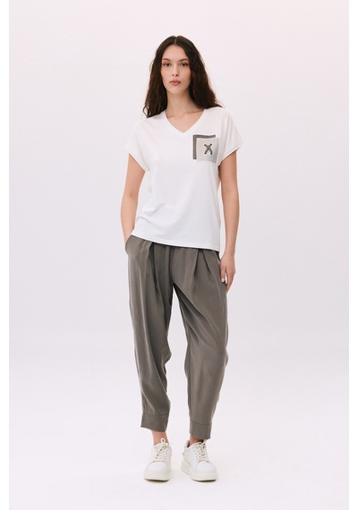 Daido Kadın V Yaka Düşük Kollu Penye T-shirt 6226 Ekru