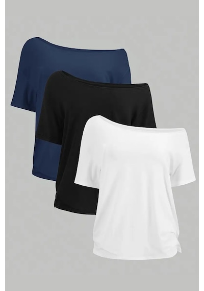 Lacivert Beyaz Siyah 3lü Paket Kadın Düşük Omuz Kayık Yaka Oversize T-shirt Siyah
