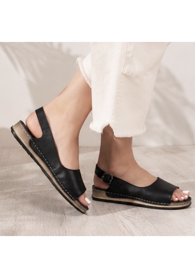 N Napa Shoe Np.306.siyah Deri Sandaletnapa Shoe Hakiki Deri Kadın Günlük Sandalet Ayarlanabilir Tokalı Siyah Comfort Model