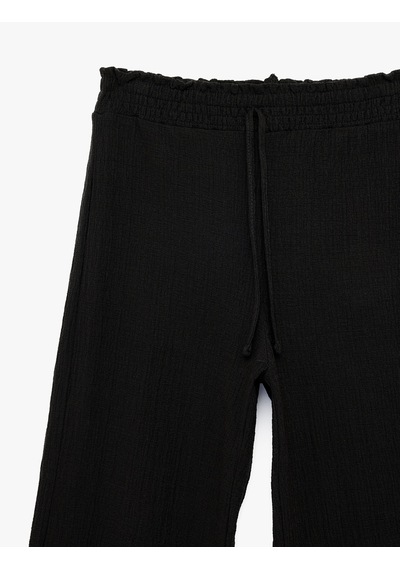 Koton Yüksek Bel Rahat Kalıp Geniş Paça Beli Bağcıklı Pantolon Siyah 6sal40021ık