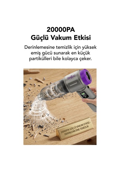 Araç İçi Süpürge Kablosuz Işıklı Göstergeli 20.000 Pa 9başlık Yedek Filtre Çantalı Çekim&üfleme 2in1