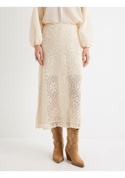 Koton Midi Boy Triko Etek Ajurlu Floral Standart Bel Ekru 5wak70008ht Ekru