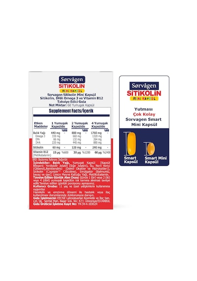 Sorvagen Smart Mini Kapsül Sitikolin Dha Omega 3 ve B12 60 Kapsül