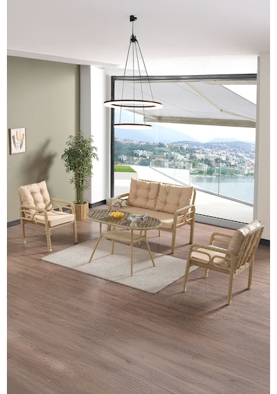 Rio Rattan Bahçe Balkon Oturma Takımı 2+1+1+camlı Masa Cappuccino Cappuccino
