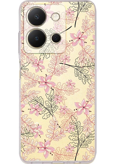 Vivo Y36 Uyumlu Kamera Korumalı Floral Kırmızı Tasarımlı Şeffaf Silikon Kılıf
