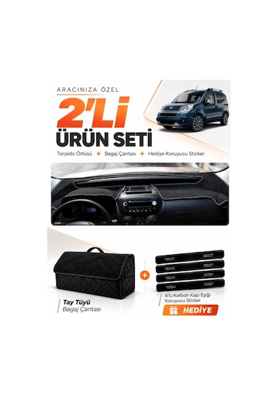 Fiat Fiorino 2007-2026 Uyumlu Torpido Örtüsü + Tay Tüyü Bagaj Çantası + Sticker Seti - Siyah