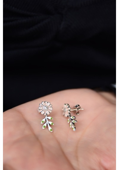 Papatya Silver 925 Ayar Gümüş Mineli Papatya Çivili Küpe