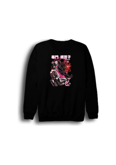 Demon Slayer Nezuko Kamado Anime Baskılı Unisex %100 Pamuk Siyah Bisiklet Yaka Sweatshirt Siyah