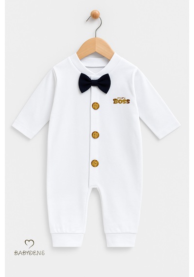Babyden's Mini Boss Papyonlu Erkek Bebek Tulum Düğmeli Tasarım, Uzun Kollu Yenidoğan Tulumu Lacivert
