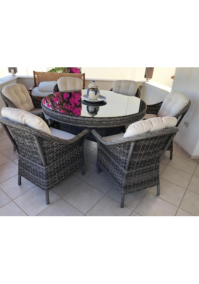 Bahçemo Nova Yuvarlak Masalı Rattan Bahçe Mobilya Takımı 140 Cm Çap Gri