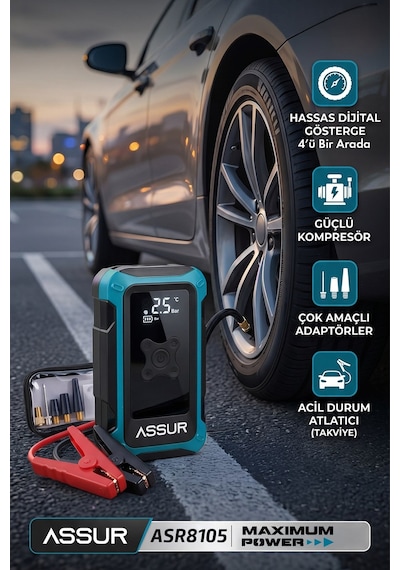 4'ü 1 Arada Dijital Göstergeli Powerbank Led Fener Hava Kompresörü Şarjlı Akü Takviye Cihazı-3277