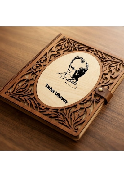Atatürk Tasarımlı Kişiye Özel Ahşap Defter - İsme Özel Kahve