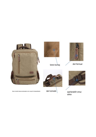 Bagacar Orjinal Kanvas Kumaş Okul Ve Günlük Laptop Bölmeli Sırt Çantası Bej