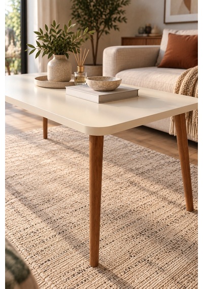 Sulorahome Torna Ayaklı Krem Bej Orta Sehpa 90x50 Cm Akçaağaç