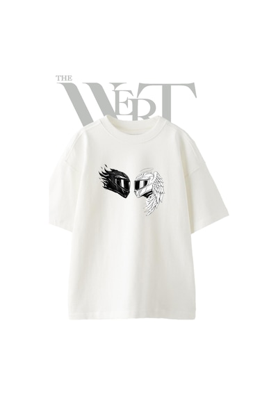 Thewert Kask Melek Seytan Tasarım Baskılı Ünisex Beyaz Oversize T-shirt