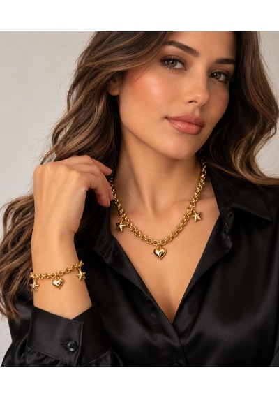 14 Ayar Altın Kalp Yıldızlı Güverse Model Gerdanlık Ve Bileklik Set