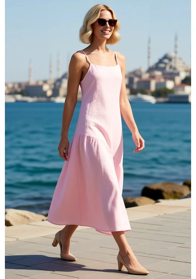 Benerly Kadın Askılı Maxi Dokuma Elbise %100 Keten Astarlı A-line Kesim K Pembe