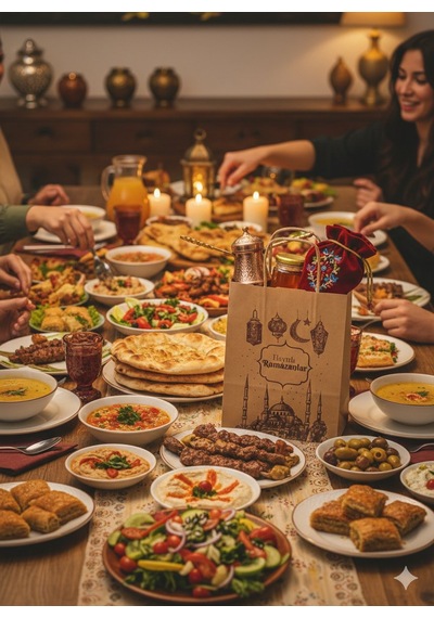 Ramazan Hediyelik Paketleme Çantası, 3lü Paket, Cami Temalı Kraft Kağıt Çanta Seti, 8x18x23 Cm