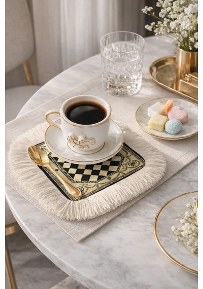 Damalı Eskitme Motifli Püsküllü Sunum Peçetesi - Vintage Siyah Krem Bardak Altlığı Sunum Mendili