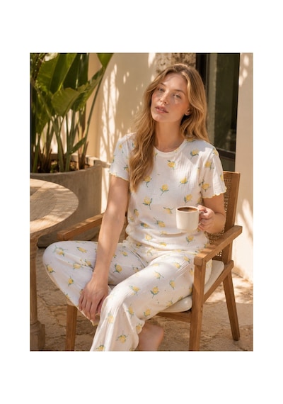 Rindahomewear Kadın Alaçatı Kumaş Limon Desenli Kısa Kollu Yazlık Pijama Takımı Limondesen
