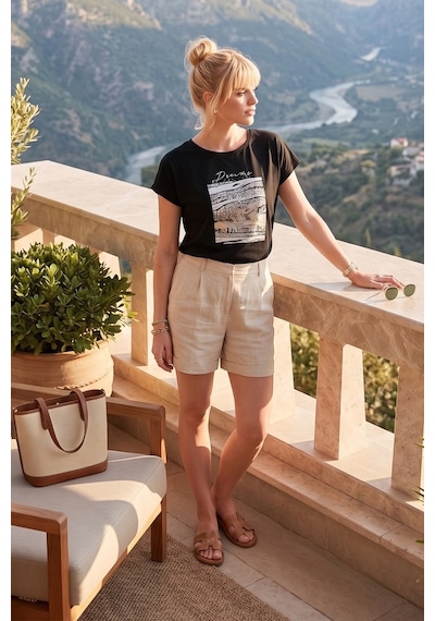 Lela Baskılı Bisiklet Yaka Regular Fit Bayan T Shirt 6671000 Siyah