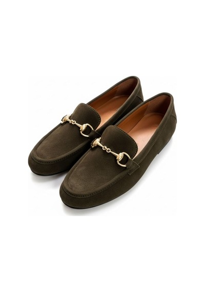 Ne&ve Shoes Haki Süet Hakiki Deri Gold Zincir Aksesuarlı Kadın Loafer Ayakkabı