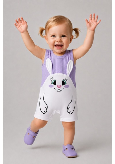 Babyden's Kız Bebek Tulum Yazlık %100 Pamuk Ribana Kolsuz Tavşan Baskılı Çıtçıtlı Bebek Tulumu 0-9 Ay Lila