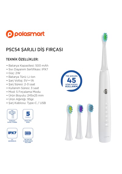 Polosmart PSC42 Elektrikli Diş Fırçası + Başlık 3'lü