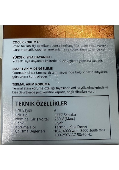Zuma Termal Akım Korumalı 6 Soket 3 Metre Priz Açma Kapama Tuşlu Çocuk Korumalı Siyah 3 m