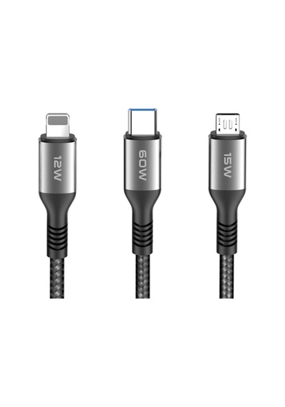 Dc62 3in1 Type-c To 60w Type-c / 12w Lightning / 15w Micro 1.2m Hızlı Şarj Kablo - Siyah