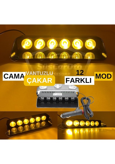 S6 Cam İçi Vantuzlu Ambulans İtfaiye Çakar Lamba İkaz Lambası 6 Ledli 12 Farklı Mod Sarı Çakmaklık Girişli 00 Şüscaroto Aksesuar
