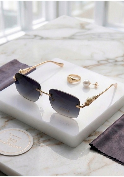 Caretl Aslan Detaylı Yeni Model Güeş Gözlüğü Metal Dikdörtgen Çerçeve Gözlük Gold Detaylı Unisex Siyah