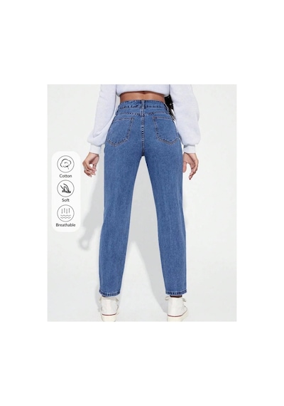 Kene Jeans Yüksek Bel Tam Kalıp Mom Jeans Mavi