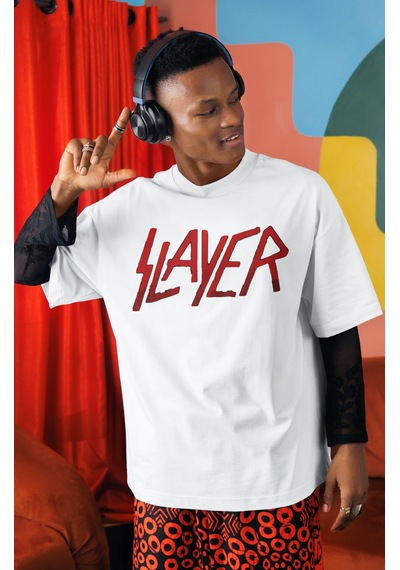 Slayer Rock Metal Müzik Grubu Sırt Baskılı Unisex Oversize Tişört Beyaz