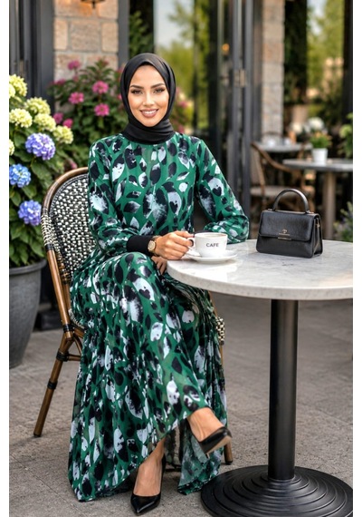 Hb Harma Time Butik Kadın İçi Şardonlu Desenli Şifon Yeşil Elbise Yeşil Yeşil