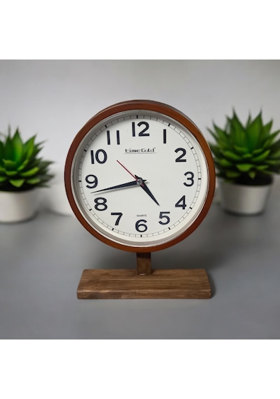 Time Gold Eskitme Ahşap Ayaklı Plastik Gövdeli Masa Saati Sessiz Akar Saniye Eskitme