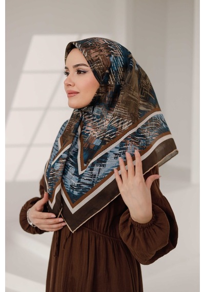 Mimiyum İz Desen Soft Eşarp Kahve Mavi Çok Renkli